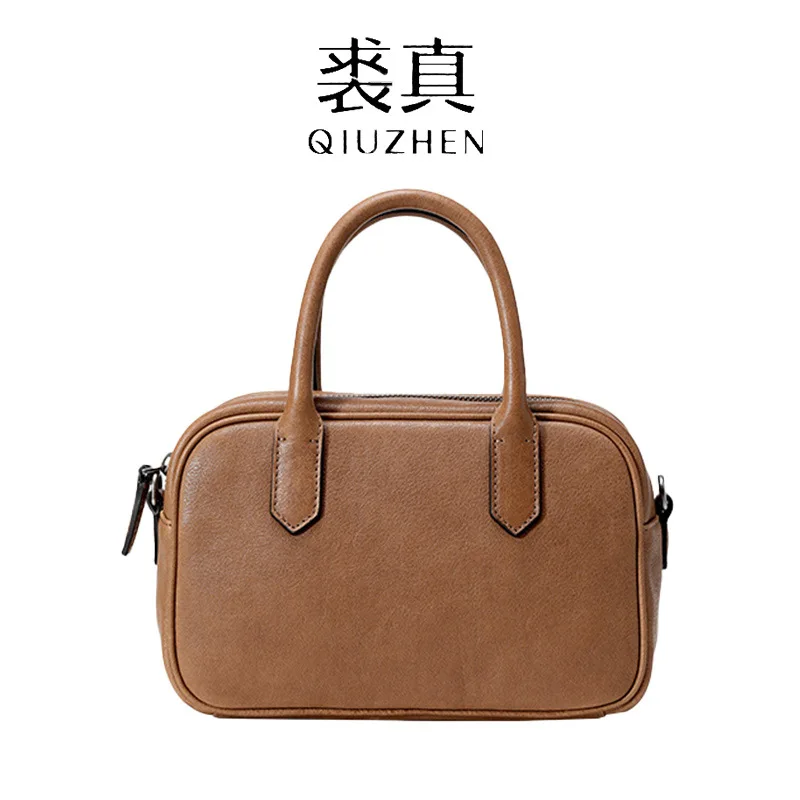 حقيبة كروس كاجوال من جلد البقر المدبوغ بالخضراوات من Qiuzhen، حقيبة كتف، حقيبة حمل، حقيبة بولينج للنساء عصرية ومتعددة الاستخدامات
