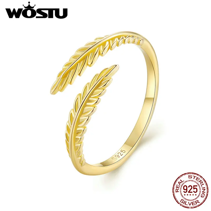 WOSTU Gold Leaf Opening Ring 925 Sterling Silver Finger Ring for Women Party Wedding Birthday Gift Vintage Jewelry Certificated