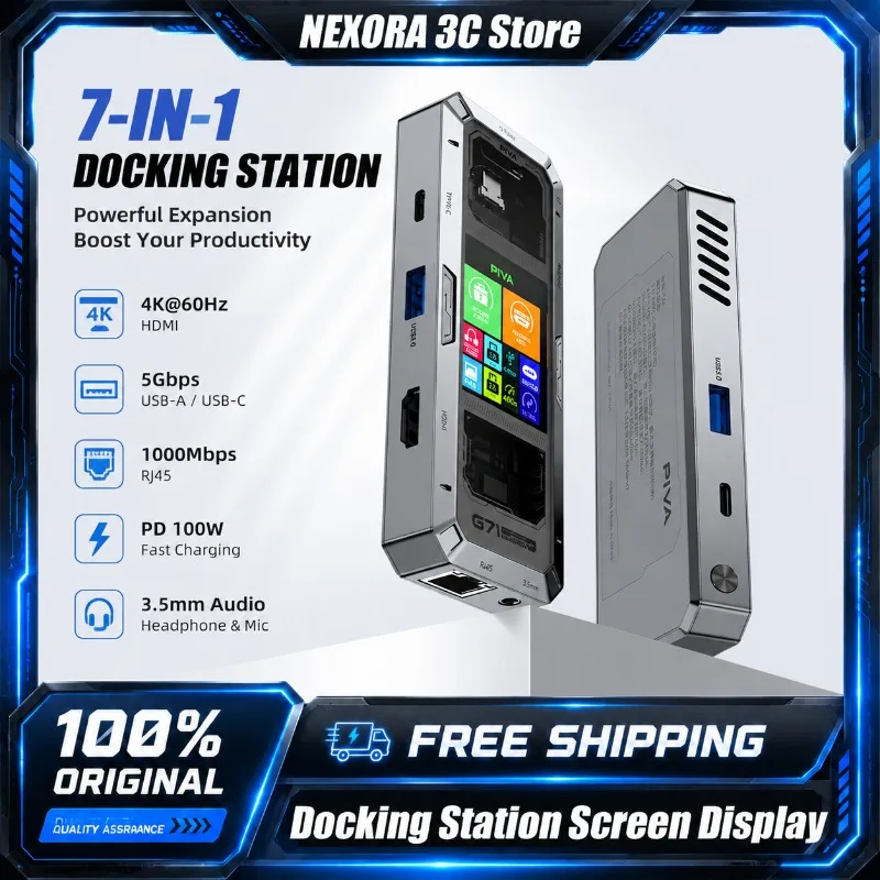 

PIVA G71 7 in 1 USB C HUB Smart Screen Display Aluminum Docking Station Type-C to HDMI 2.0 USB 3.0 PD 100W Adapter for Laptop