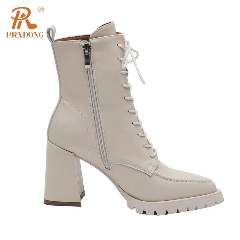 PRXDONG Genuine Leather Autumn WInter Warm Ankle Boots Square High Heels Platform Shoes Woman Black Beige Zipper Dress Office 39