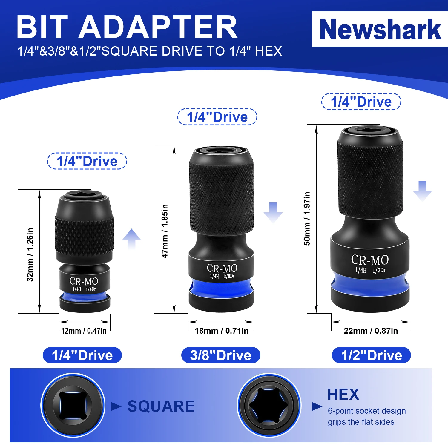 6Pcs Cr-Mo Quick Release Socket Adapter Set, 1/4