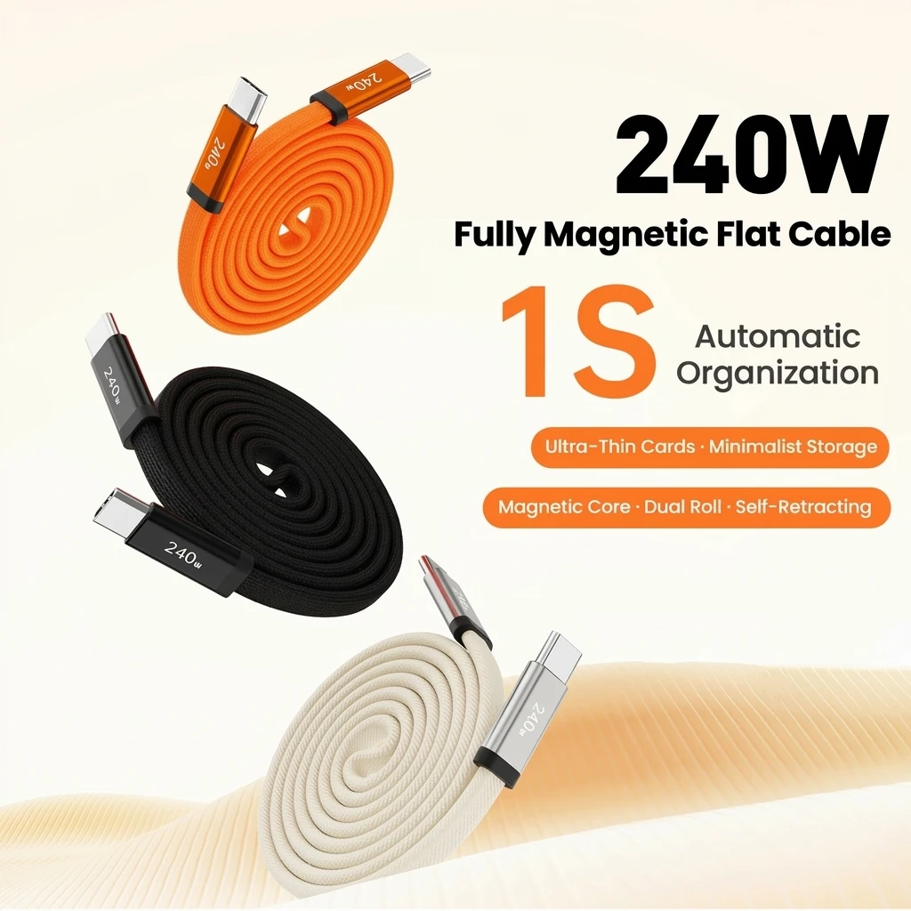 1Pc 240W Type C To Type C Magnetic Data Cable Braided Fast Charging Cable for iPhone Tablets Huawei Xiaomi Fast Charging