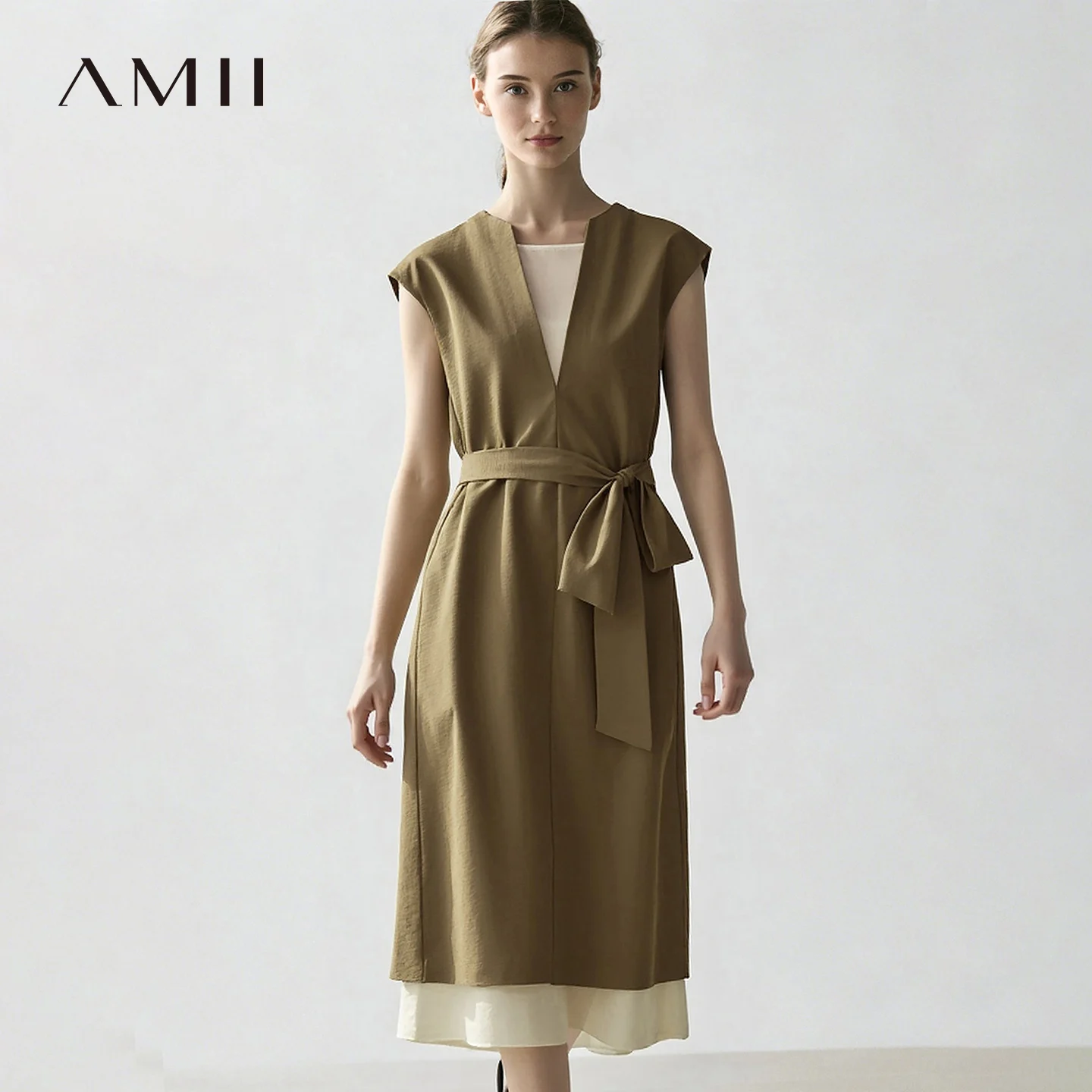 Amii Women's Dress 2026 Summer New Layer Tie Color Block Patchwork Office Lady Midi Dress Loose Shift Woman Clothing 12652053