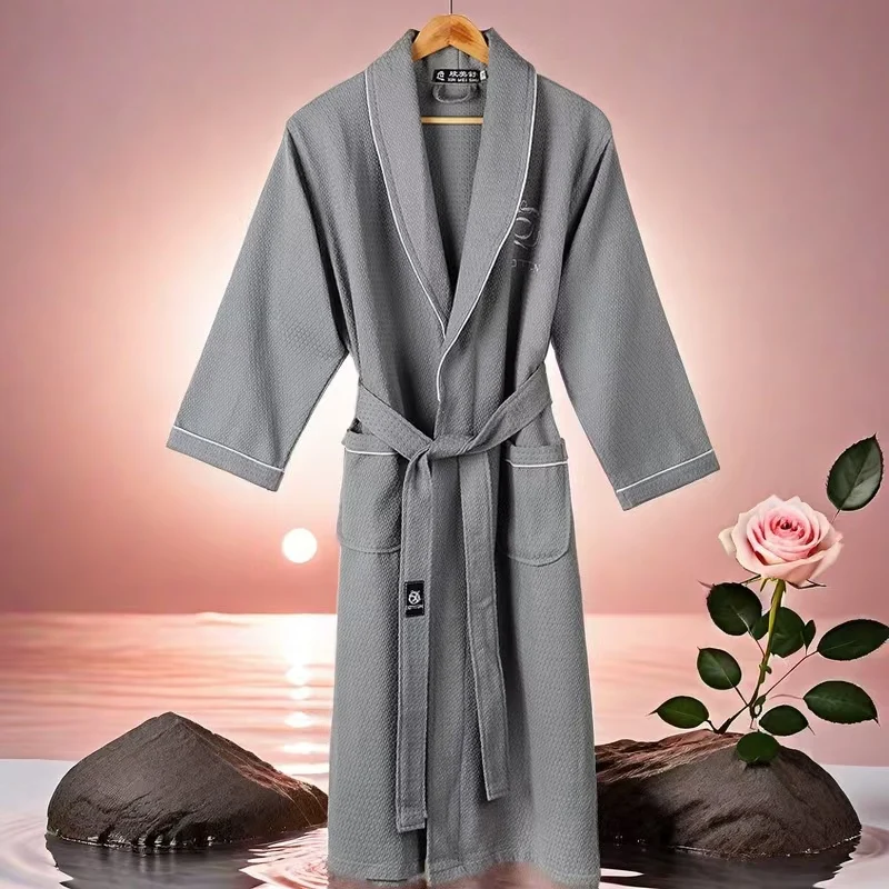 Waffle High-Quality Robe Large Size Long Men and Women Universal Residence Clothing Bathrobe Solid Black Plaid Couple Nightgowns