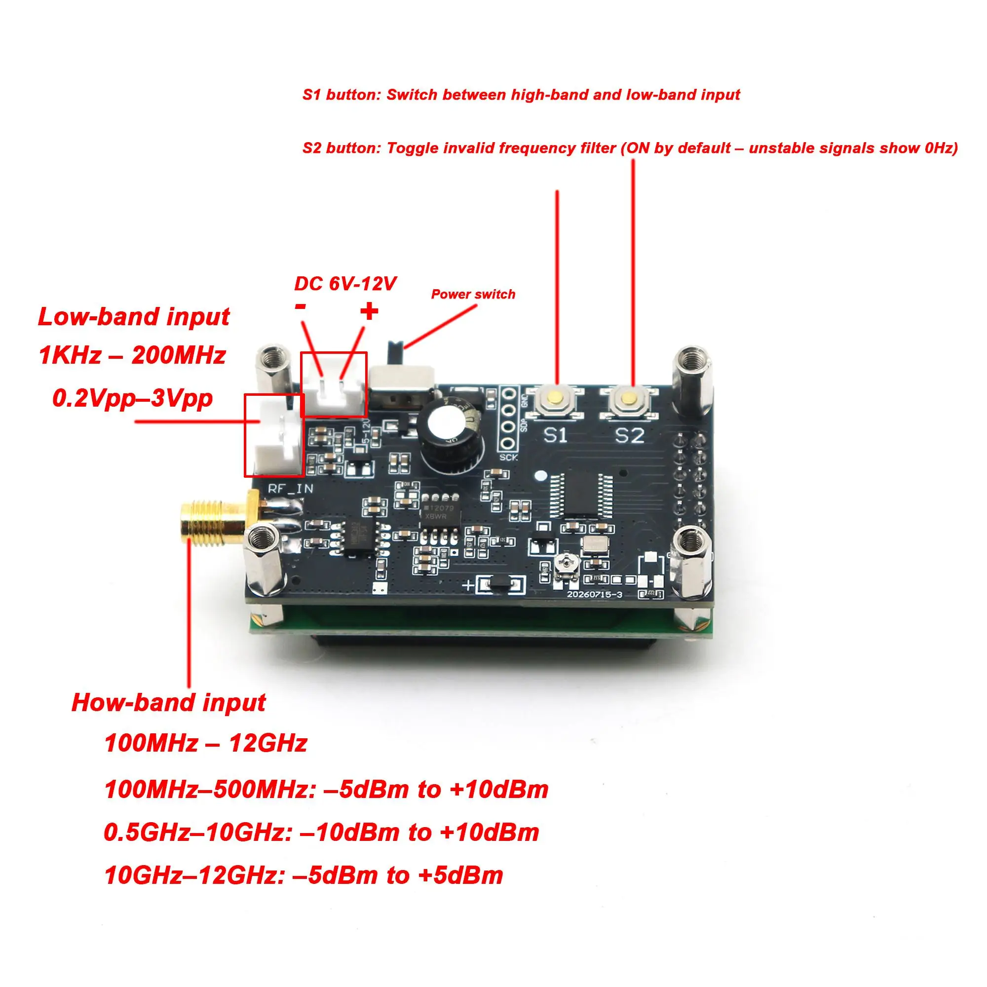 2CH 1kHz-12GHz Frequency Counter RF Frequency Meter LCD Display Digital Cymometer Module Ham Radio Signal Measured AM SW FM MW