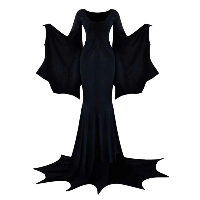 2025 New Halloween Dark Gothic Robe Adult Horror Witch Costume Morticia Addams Train Floor Dress Women☆☆☆aa