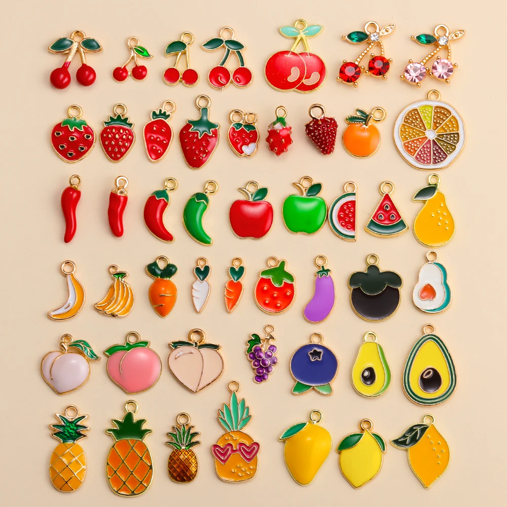 

Wholesale 48 Styles Fruit Enamel Alloy Charms Cute Cherry Strawberry Watermelon Pendant Earrings for DIY Jewelry Making Supplies