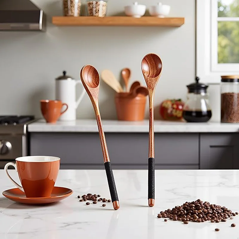 2Pc Wooden Tea Spoon Long Coffee Spoons Small Teaspoon Set Wood Multi-Purpose Stirring Wooden Long Handle Teaspoons Tableware