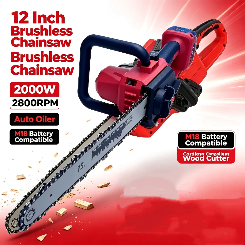 12 Inch Brushless Cordless Chainsaw Rechargeable Electric Handheld Saw for Tree Cutting, Pruning Garden Woodworking Power Tool