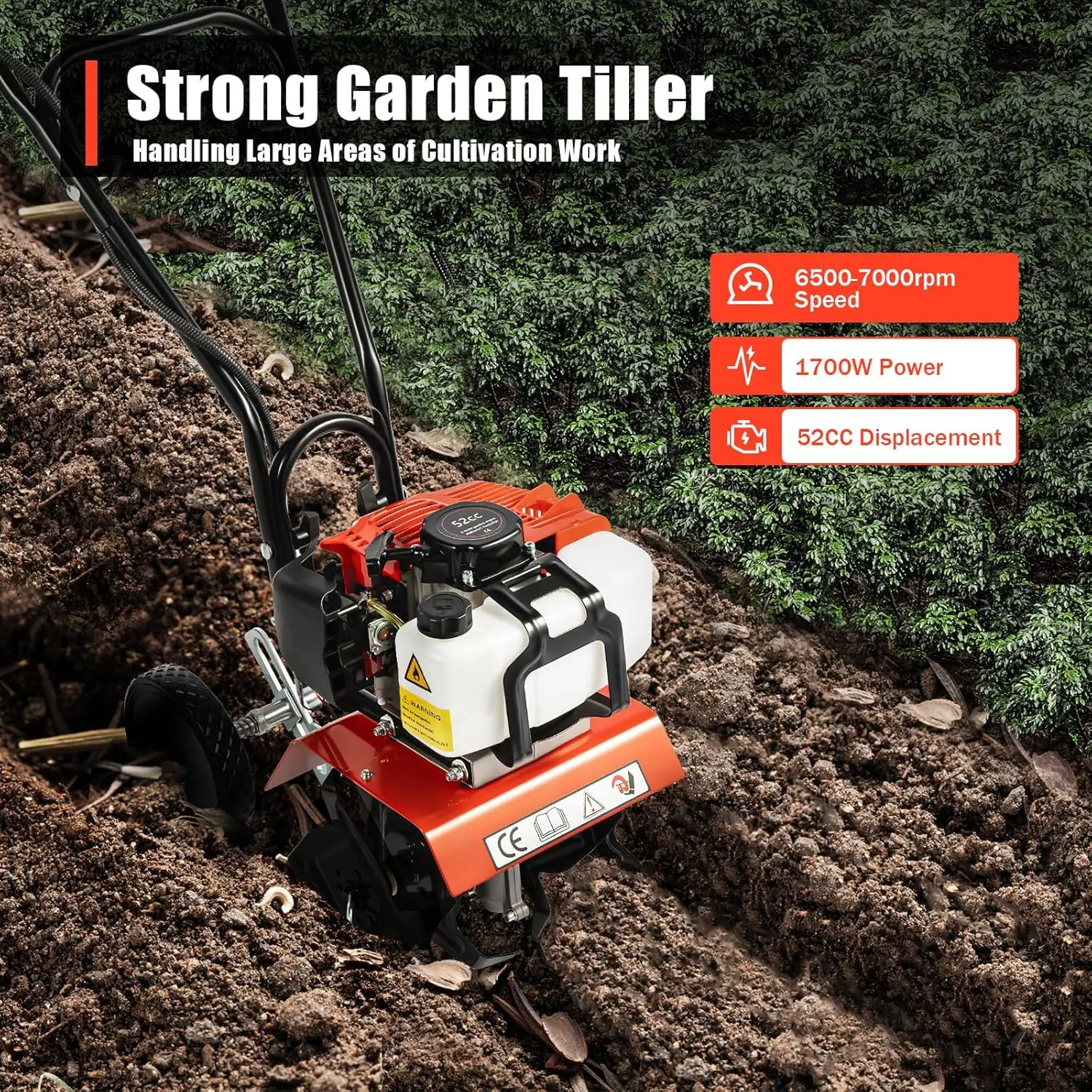 

Gas Power Garden Tiller Cultivator, 52CC 2-Stroke Garden Yard Rototiller, Tool for Plowing Turning Soil Ditching