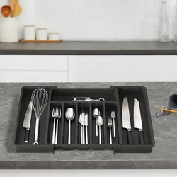 Silverware Drawer Organizer Expandable Utensil Tray for Kitchen Adjustable Flatware and Cutlery Holder Black Cutlery Organiser