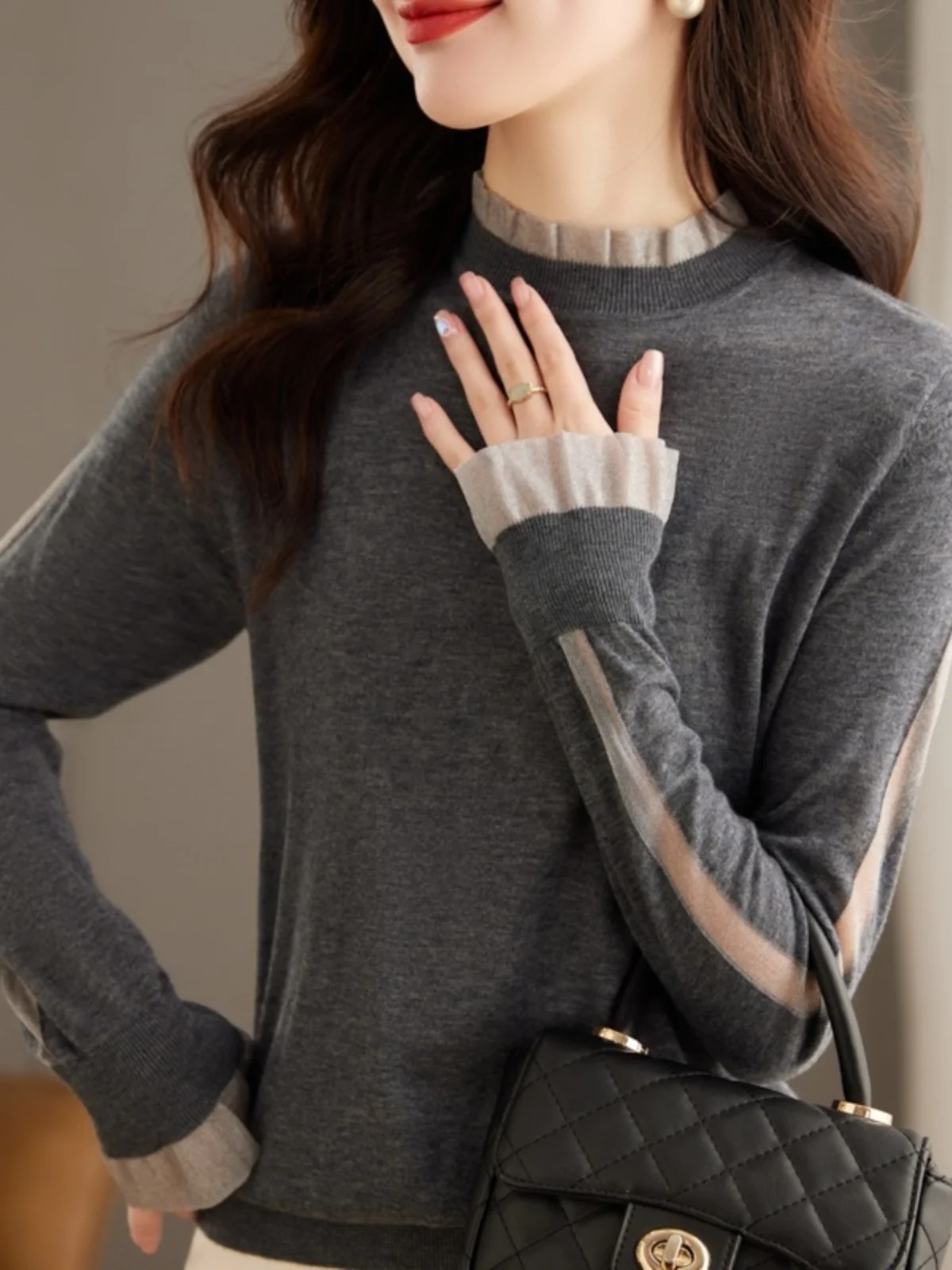 سترة نسائية محبوكة بياقة عالية وقاعدة irt ملابس داخلية حلوة Sle بقصة ضيقة طويلة Sve لون نقي ماركة صينية