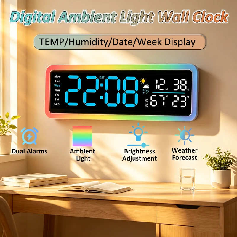LED Digital Wall Clock TEMP/Humidity/Date/Week Display USB Powered Ambient Light Weather Forecast Electronic Table Alarm Clock