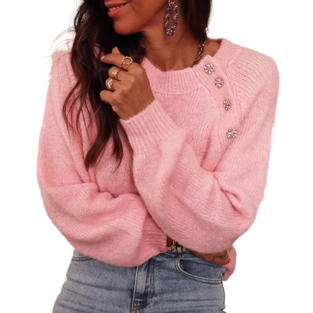 

Женский вязаный свитер с однотонными рукавами-фонариками и пуговицами в европейском и американском стиле, осень-зима 2025