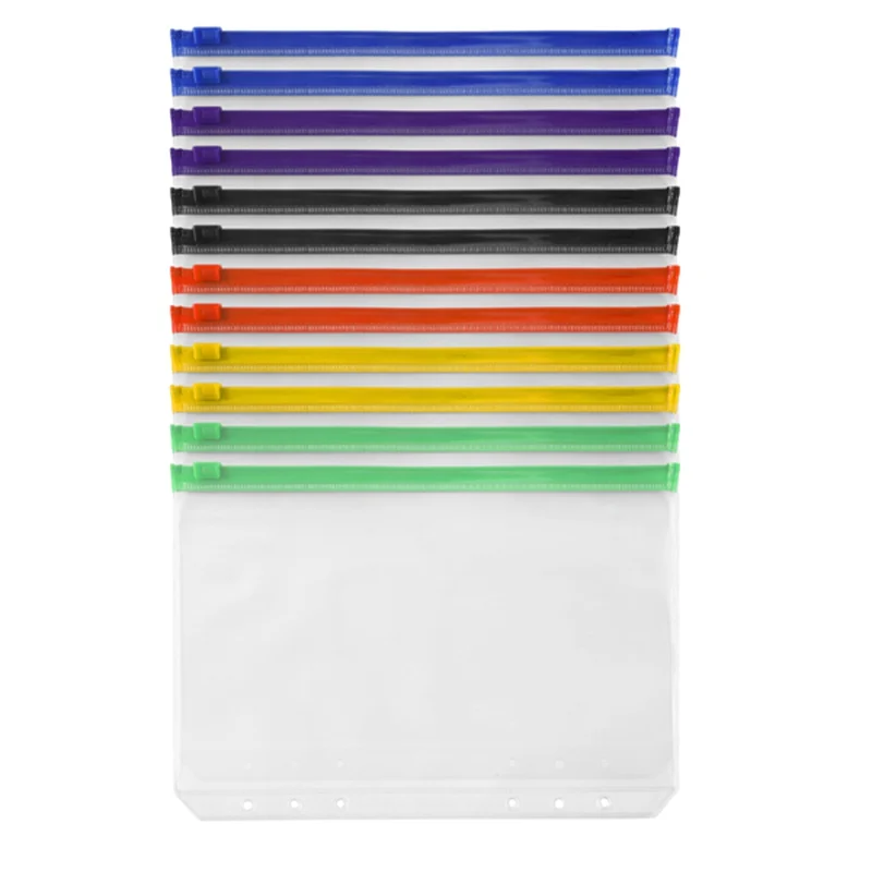 12PCS Binder Pockets A5 Size 6 Holes Zipper Binder Pouch Folders For 6-Ring Notebook Binder Loose Leaf Bags