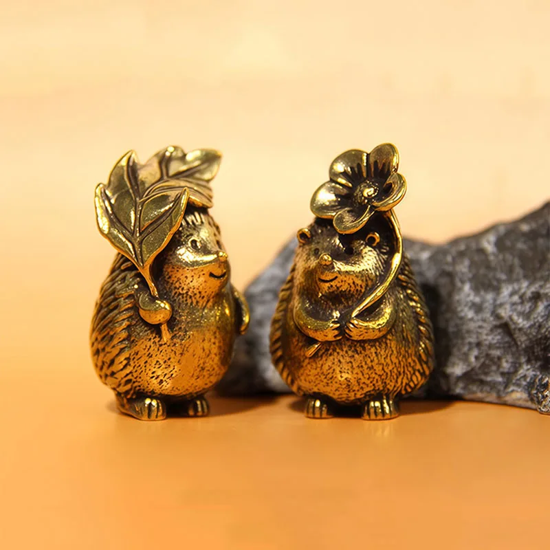 Brass Flower Leaf Hedgehog Small Statue Desktop Ornaments Animal Figurines Miniatures Models Home Decorations Crafts Accessories