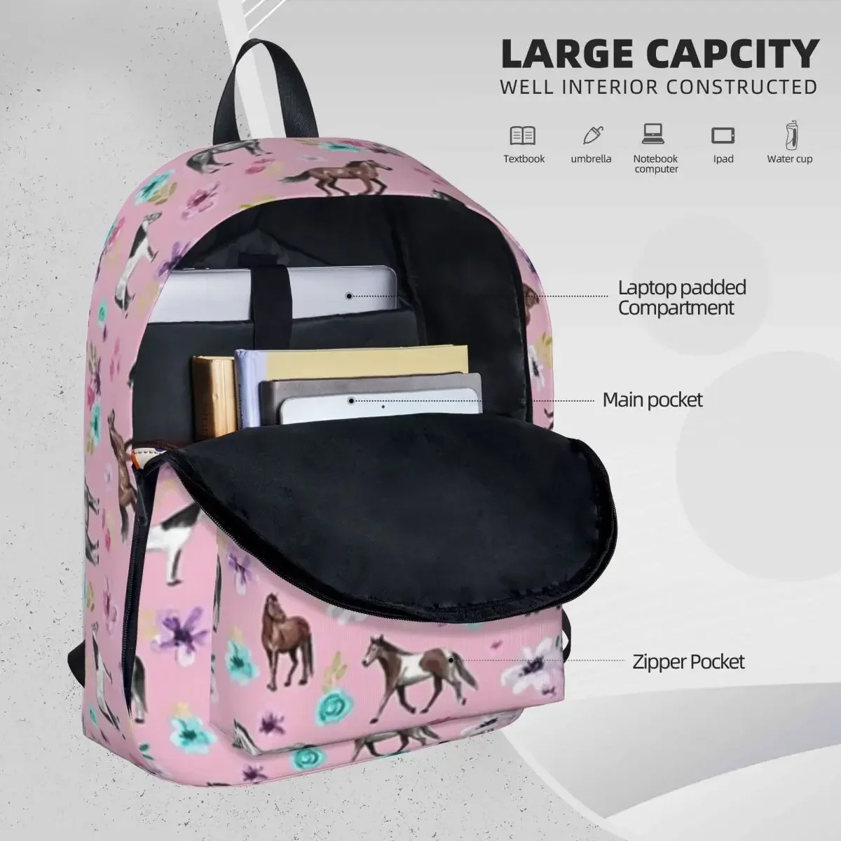 Konie i kwiaty na różowych kobiet plecaki dziewczęcy Bookbag na co dzień torby szkolne dla dzieci przenośny plecak na laptopa torba na ramię