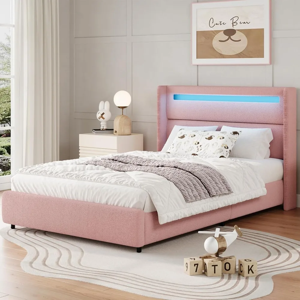 Estruturas de cama de solteiro com cabeceira e luzes LED, cama de plataforma estofada Boucle com design Wingback, estrutura de cama macia moderna