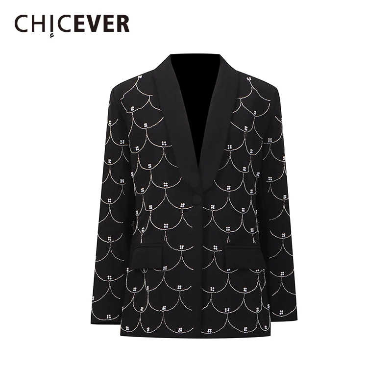 

CHICEVER Solid Spliced Beads Basics Jacket Female Lapel Long Sleeve Slimming Women's Jackets Summer Style New Fashion Clothing