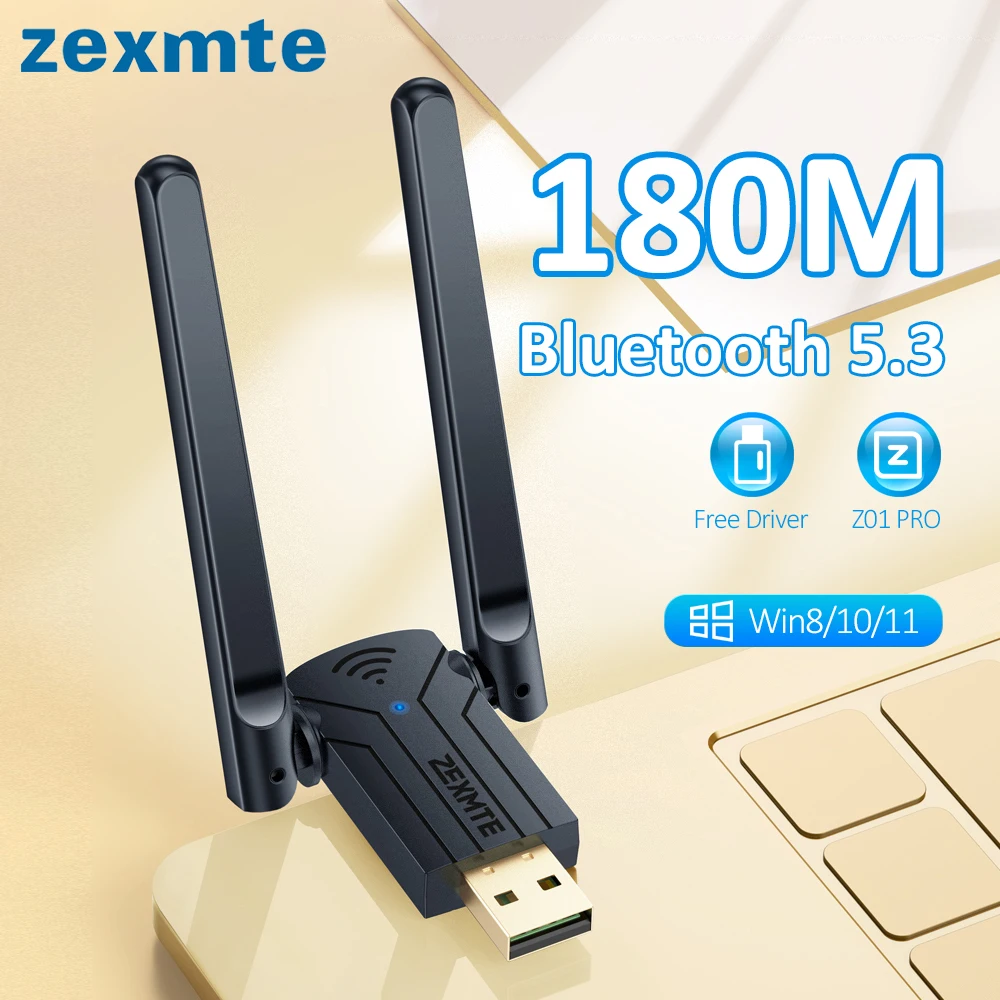 Zexmte 180M Bluetooth 5.3 Adapter USB Bluetooth 5.1 EDR Dongle Audio Receiver Transmitter for Windows 8/11/10 Wireless Mouse