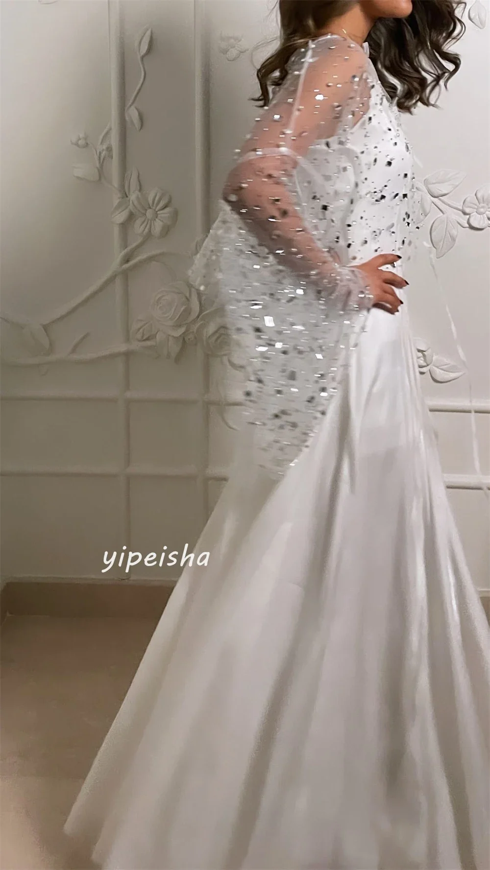 تخصيص جيرسي مطرزة Ruched عيد الحب ألف خط الخامس الرقبة مخصص فساتين المناسبات الطويلة