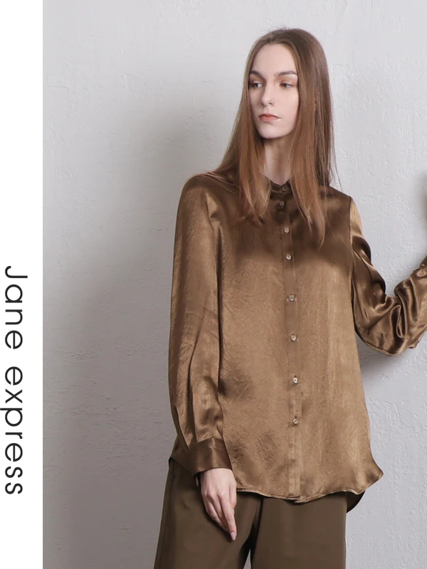 

Jane Expr Casual Long Sve irt Versatile Summer New Arrival 2024 Collar Classic Fit Pure Color Button Plaet