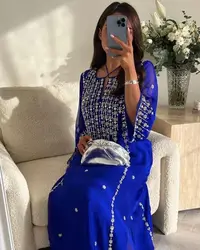 Customized Royal Blue Chiffon Half Sleeves Beaded Prom Dresses Ankle Length Party Dresses Special Occasion Dresses