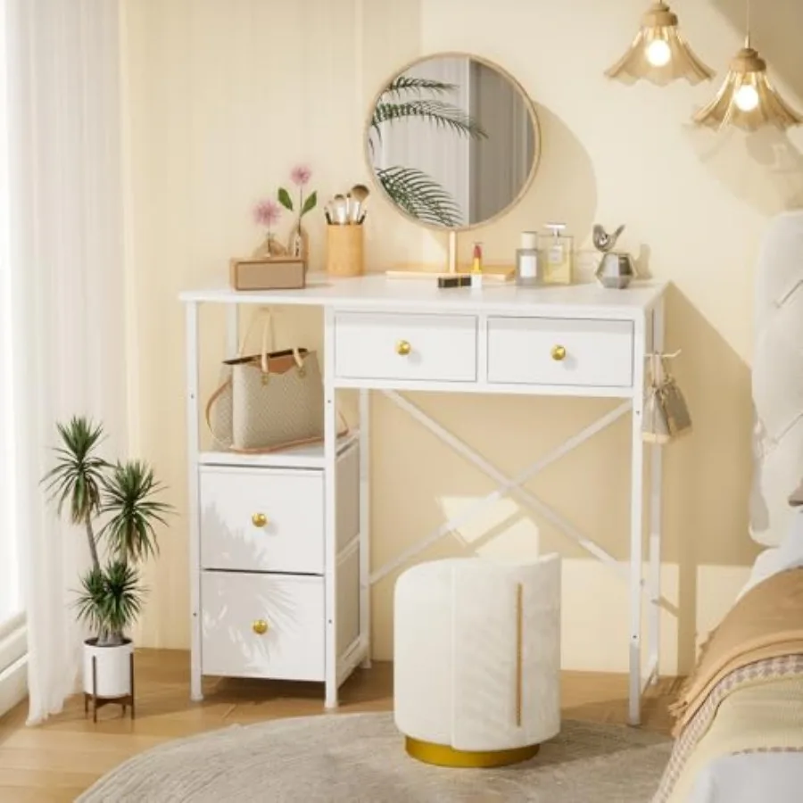 White Vanity Desk Without Mirror Small Makeup Desk with 4 Fabric Drawers 33.5 Inches Dressing Table with Storage Vanity Table f