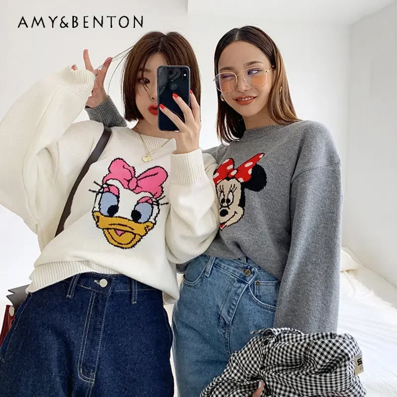 

Potdemiel Autumn Winter New Loose-Fitting Versatile Outerwear Pullover Sweater for Women Casual Round Neck Knitted Pullover Tops