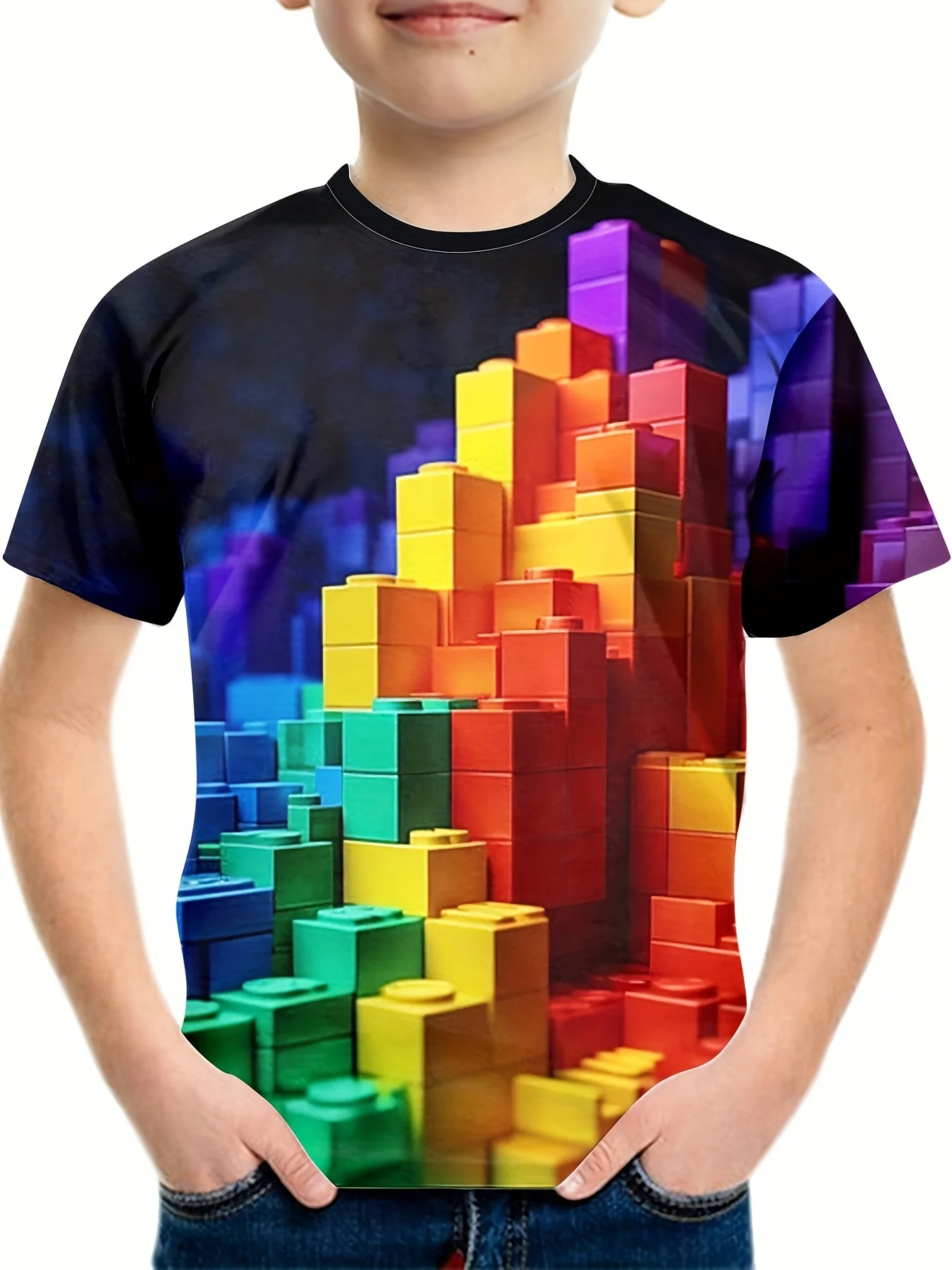 Kids Clothes Boys T-Shirt Short Sleeve Child T-Shirt Fashion Building Blocks 3D Print Top Children Summer Clothes Girls Clothes