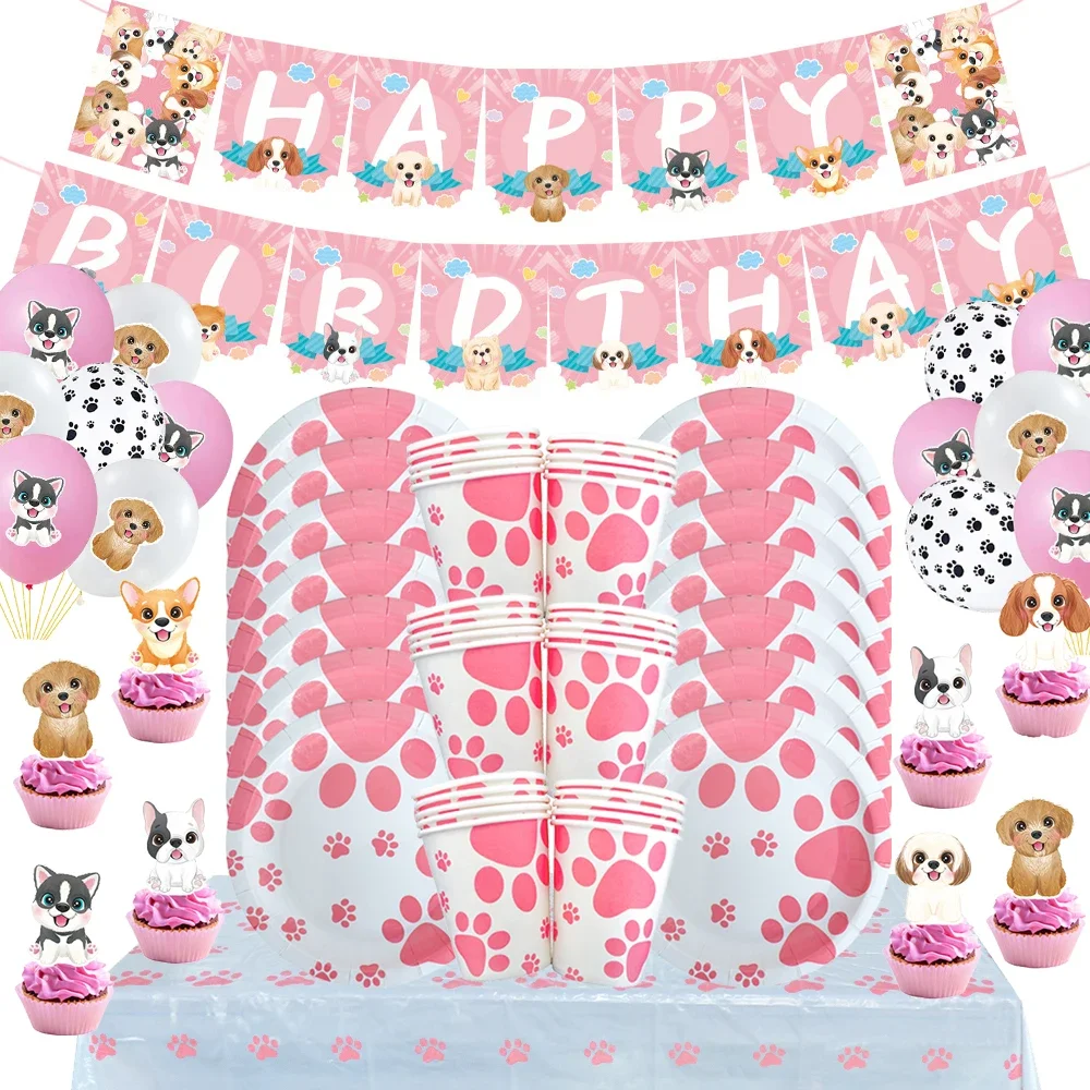 Pink Dog Paw Theme Birthday Party Decoration Disposable Tableware Set Cup Plate Pet Dog Party Decoration Baby Shower Supplies