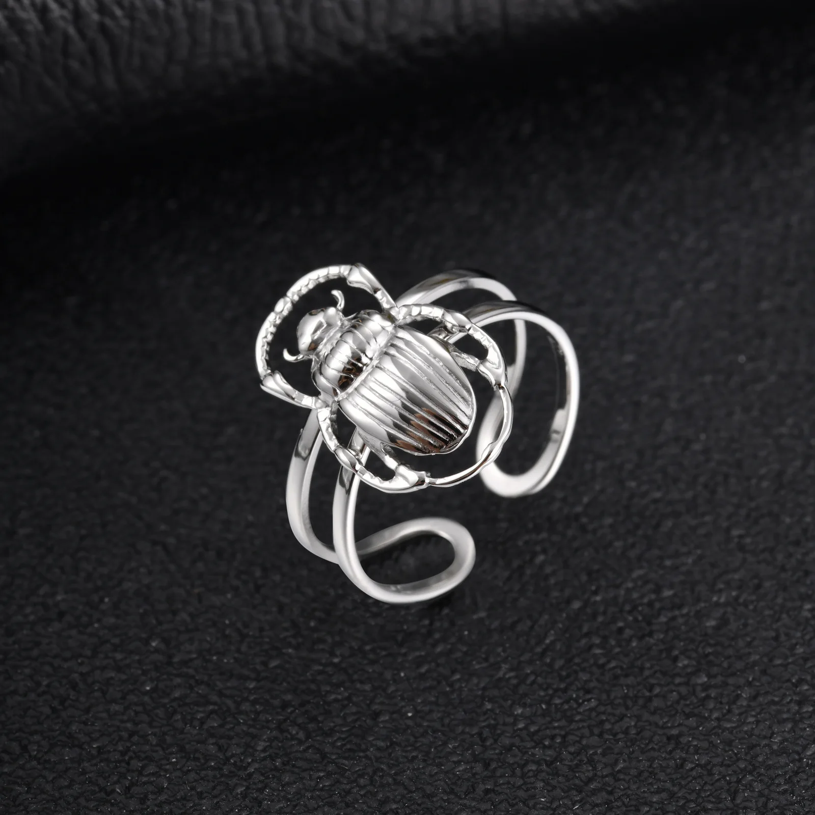 Punk Skarabäus-Ring für Männer, Silberfarbener Edelstahl Offener Ring, Trendiger Hip-Hop Schmuck Geschenk – Detail 2