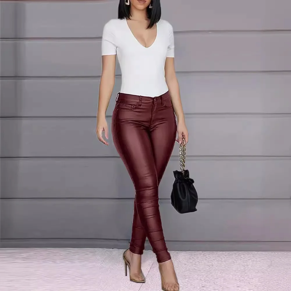 Autumn and Winter Solid Color PU Leather Pants, Casual Sexy Slim-fit Small Foot Pants, Close-fitting Pencil Pant Commuter Wind