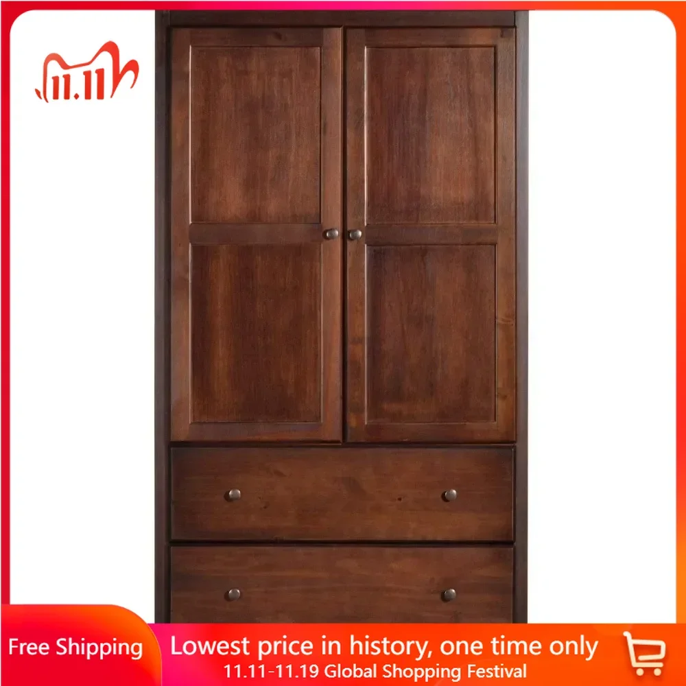 

2-Door Wardrobe, Solid Wood with Cherry Finish，Bedroom Armoire Wardrobe Closet Cabinet with 2 DrawersWooden Closet ，Wardrobes