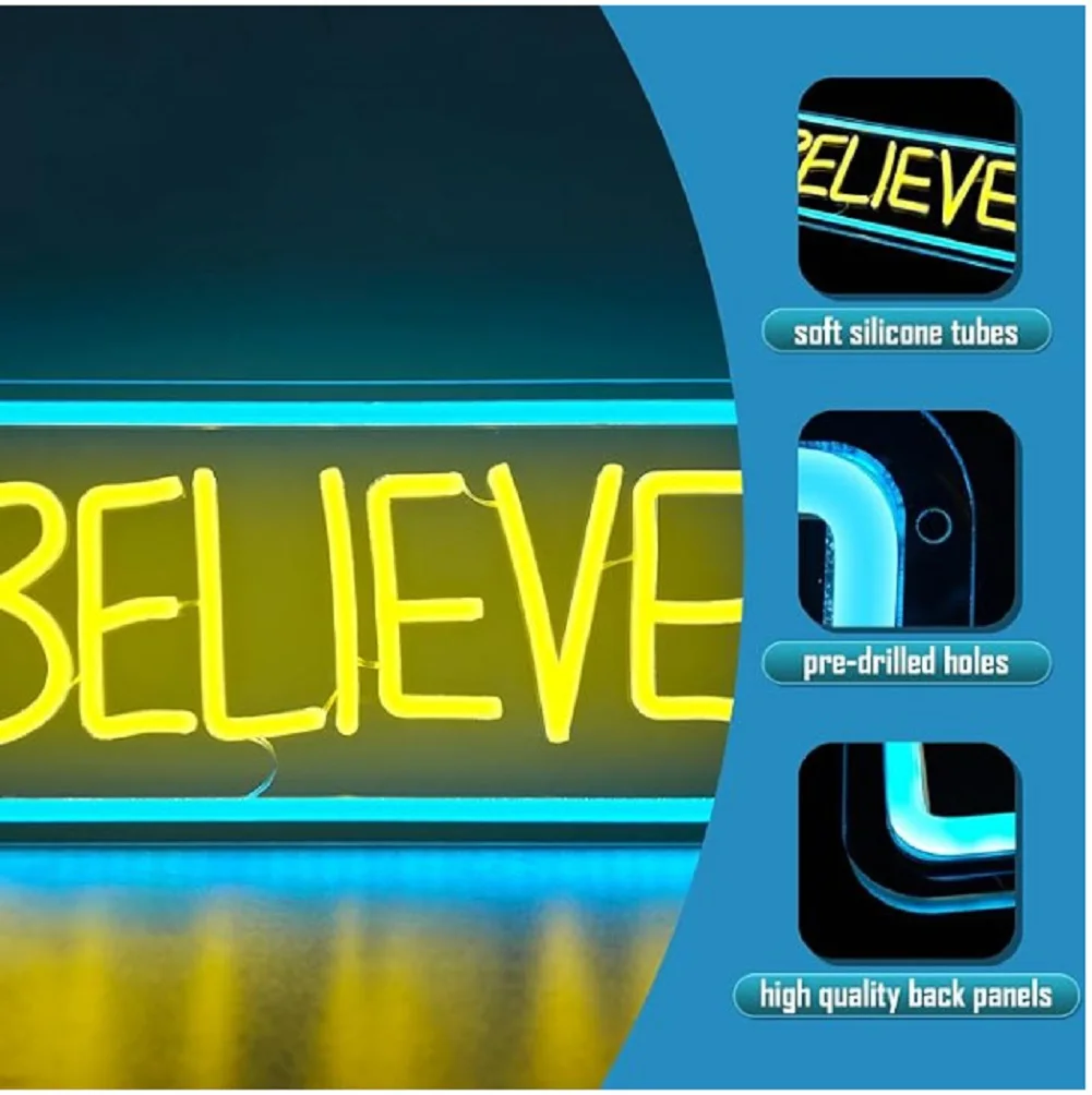 Personalized LED Neon Sign Believe - USB Powered, Easy To Install, Safe Acrylic Material, Suitable for Home Office Decorations