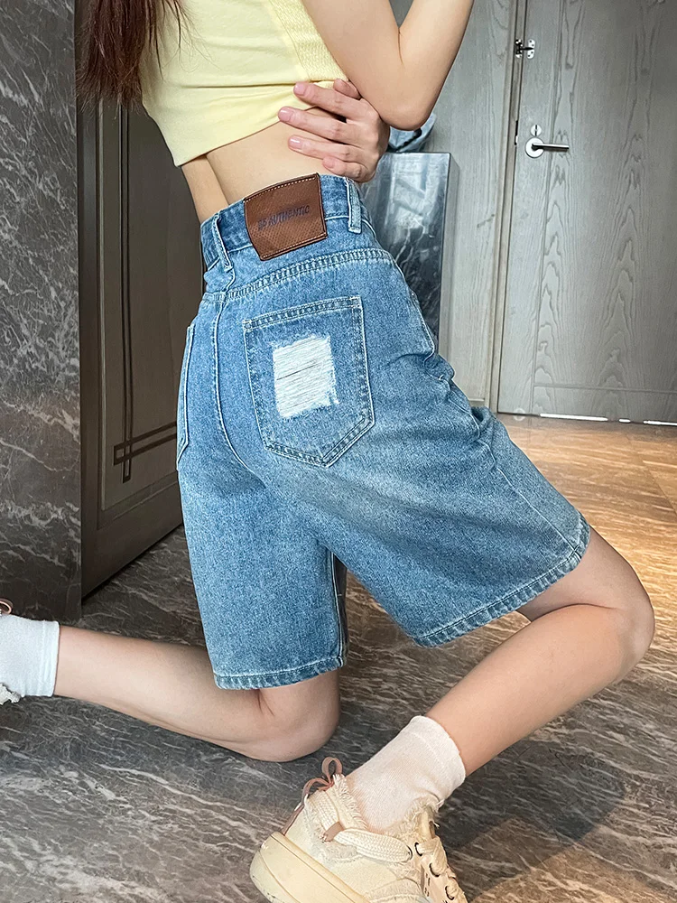 

Summer Denim ort Pants Women's Ripped Wide Leg Loose Slimming Five-Quarter Straight High Waist Cotton Blend Casual Trousers