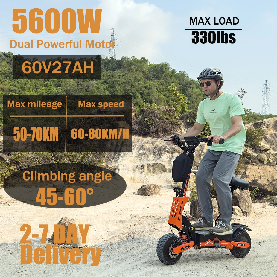 

GT08 5600 Вт Электрический самокат для взрослых с двумя двигателями, максимальная скорость 50 миль в час, 60 В 27 Ач, 11 дюймов, внедорожные шины, спортивный складной eScooter с сиденьем