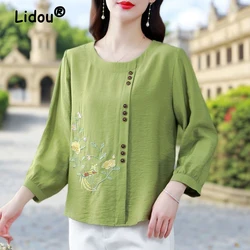 New Women Chinese Style Vintage Embroidery Blouses Elegant Fashion 3/4 Sleeve Loose Shirts Ladies O Neck Solid Cotton Linen Tops