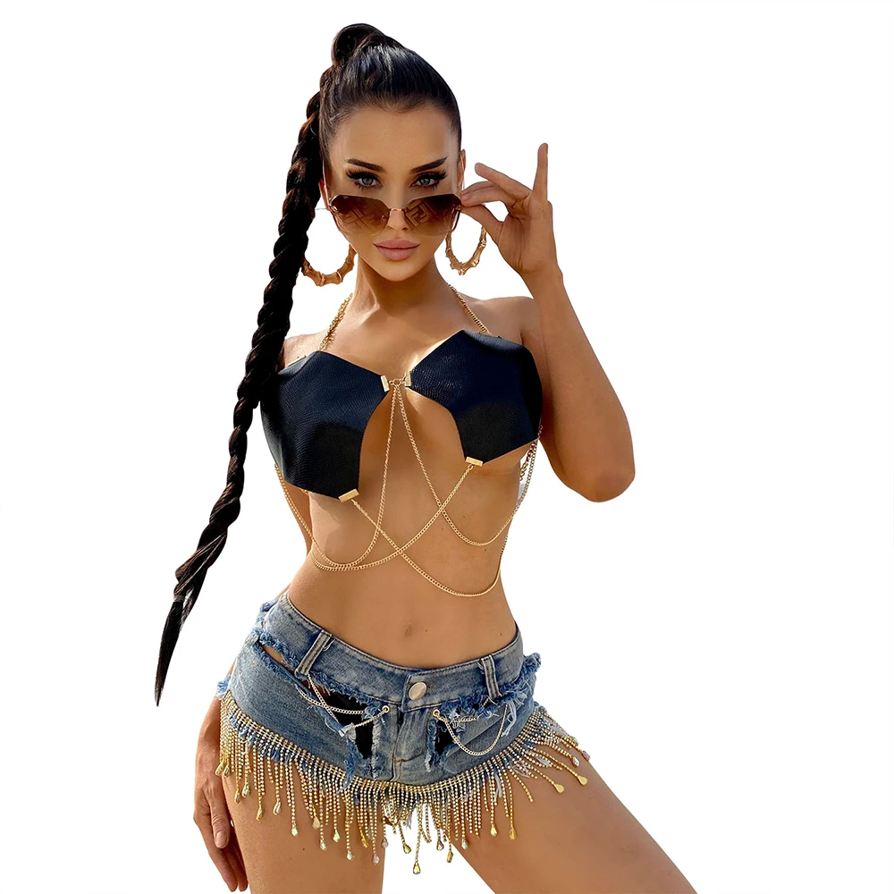 Sexy Women Leather Bra Chain Sling Chain Tassel Tops Body Chain Punk Fashion Backless Festival Clothing Club Stage Show Costunm