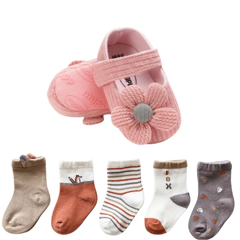 Cute Bow Shoes with Socks Spring Autumn Girl First Time Toddler Shoes Soft Sole Non-Slip Girl Princess Shoes and Socks 0-1Years