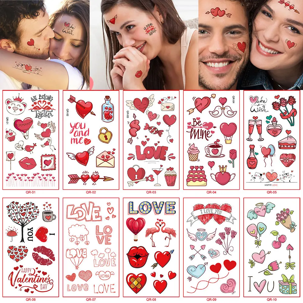 10Pcs Heart Design Tattoo Stickers for Valentine's Day Love Mouth Cute Temporary Tattoos for Women Men Hand Face Body  Decor