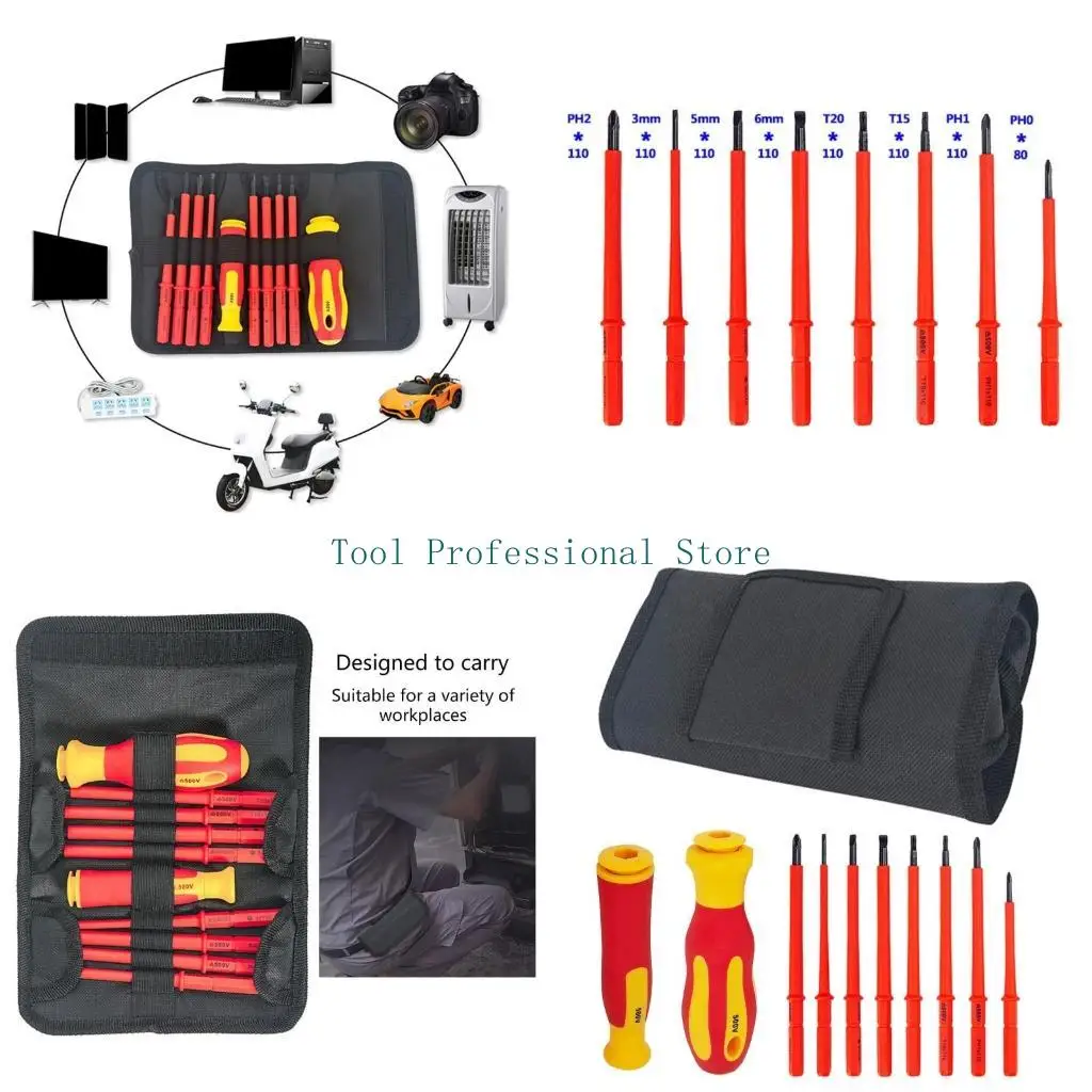 

57QF Quality Electrician Insulated Screwdriver Set Storage Roll Bag Electrical Fully Insulated for Various Applications
