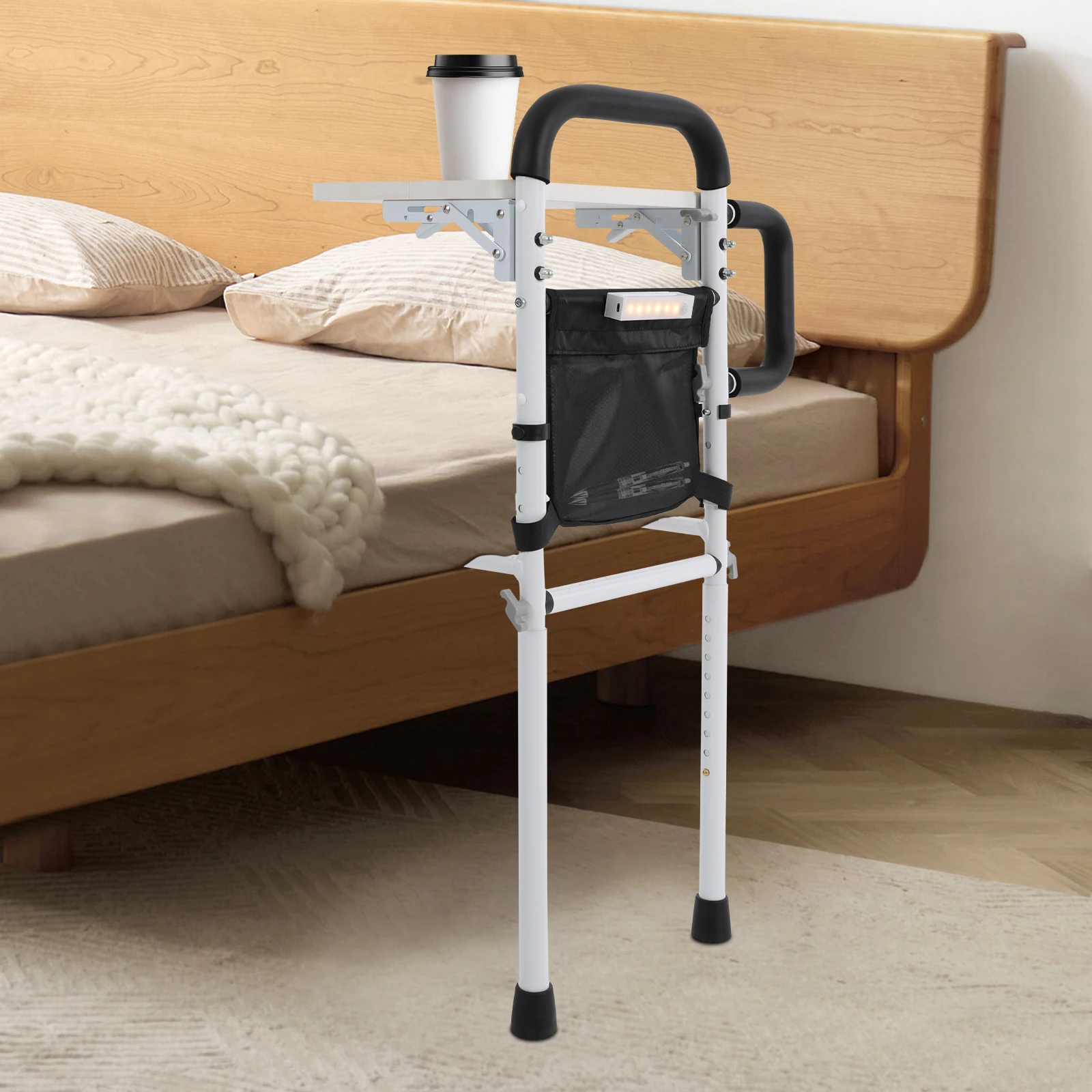 Black Carbon Steel Bedside Double Handrails with Folding Table Board Lifting Anti-skid Auxiliary Guardrail