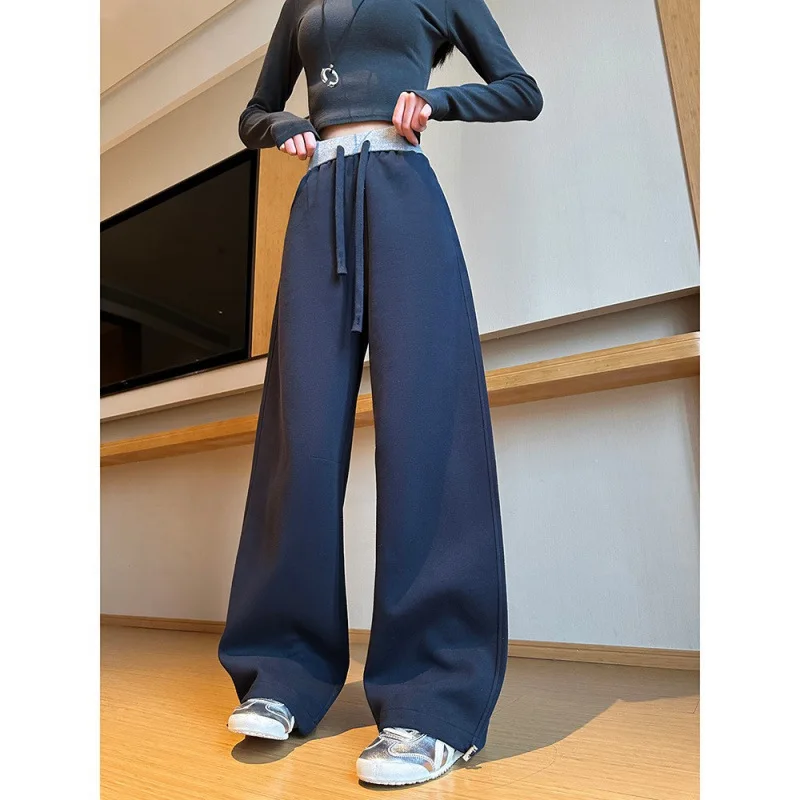 Wide Leg Pants Black Pleated Womens Spring Elastic Fit Youth College Mood City Commute Drawstrings Waistband Breathable Trousers