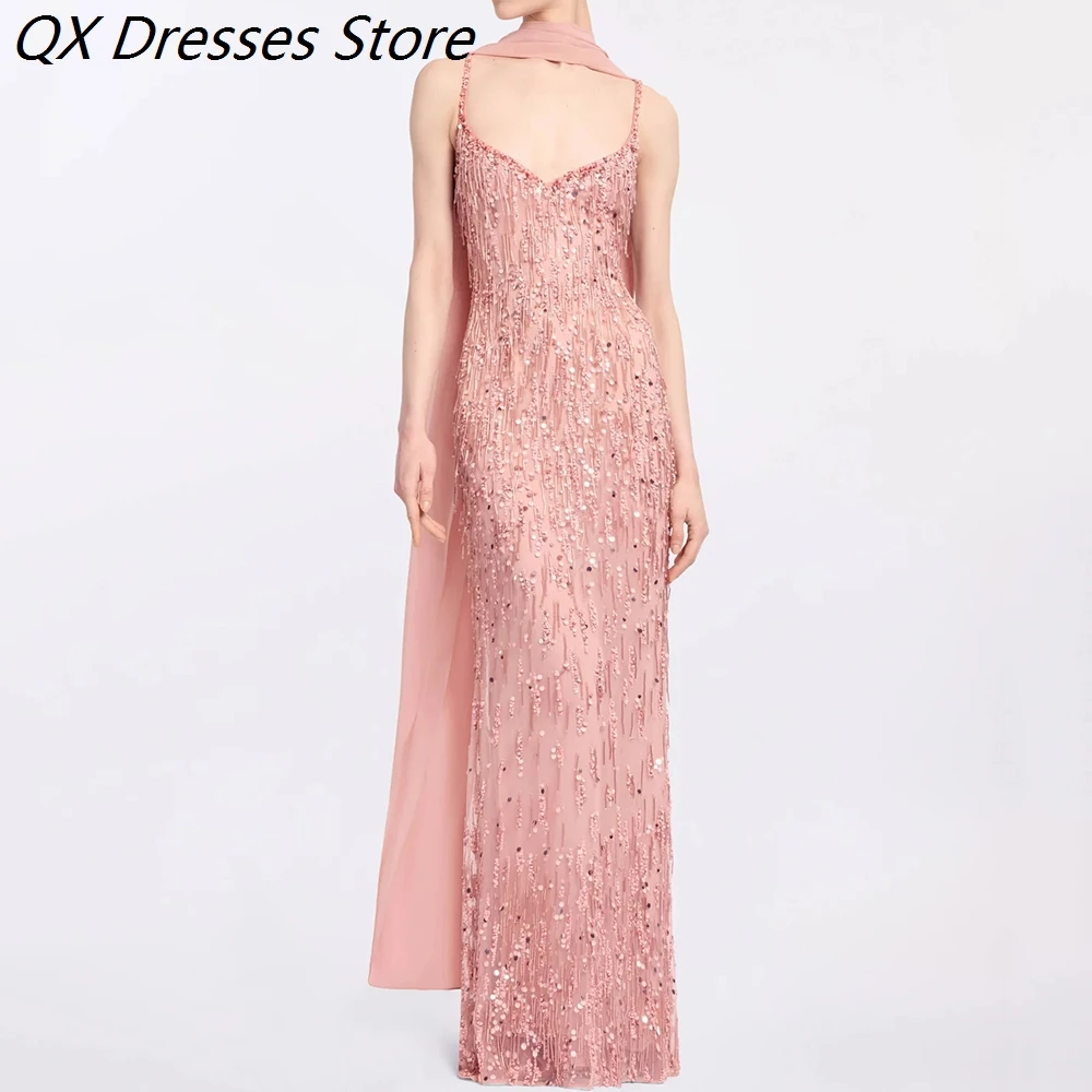

Women's A-line Evening Dresses Floor-length Spaghetti Strap Sleeveless Prom Dresses Fashion Sequined Stole Customized Gowns
