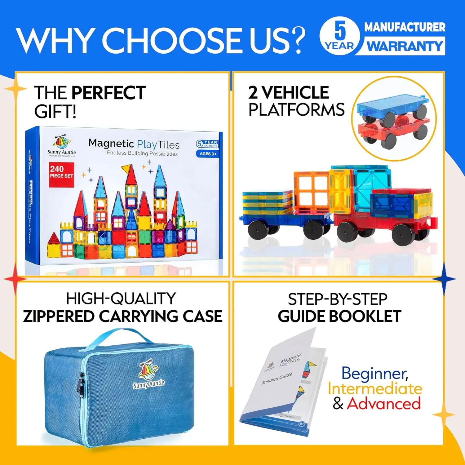 Magnetic Tiles 240 PCS+ Bonus Zippered CASE, Magnetic Tiles for Kids Toy for 3 4 5 6 7 8 Year Old