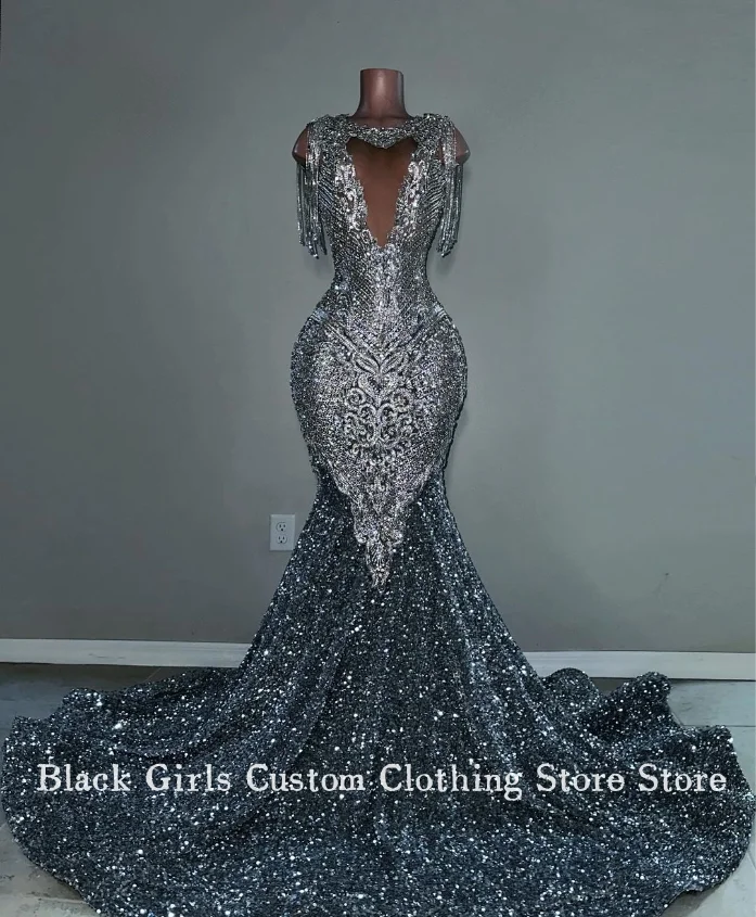 Dazzling Silver Grey Mermaid Prom Dresses Luxury Cutout Backless Inlaid Sequins Fringe Black Girls Celebrity Gowns robe soiree