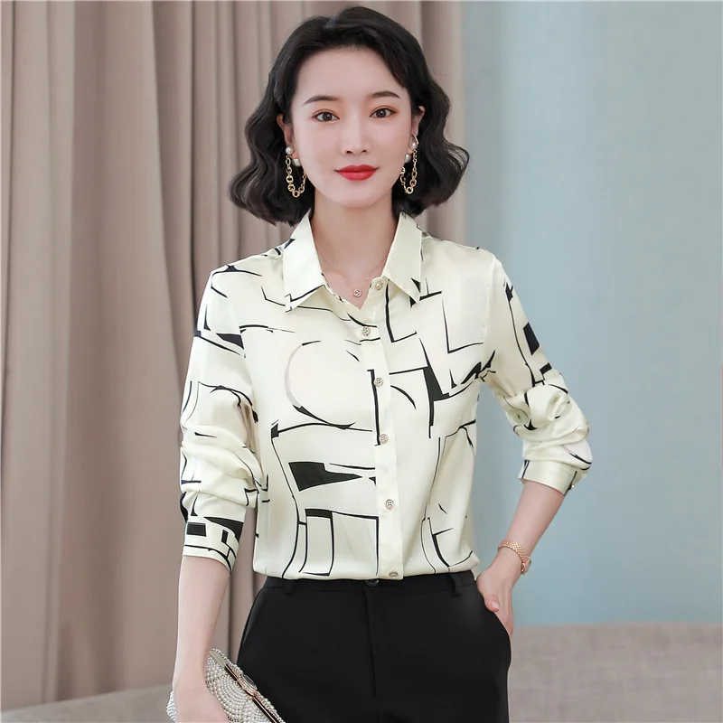 

Early Spring WomenNew Autumn Long Sleeve Top Mulberry Silk Printed Commuter Shirt High-End