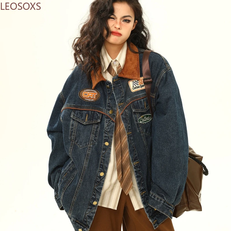 Retro American Denim Jacket 2025 Spring Autumn Men Women Motorcycle Style Loose Top Couple Casual Fashion Collar Jacket