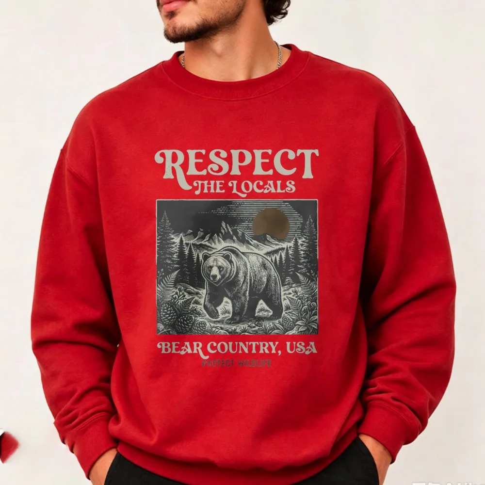 Respect The Locals Bear Country USA Wildlife Graphic Crewneck Sweatshirt Unisex Pullover Casual Tops Vintage Nature Outdoor Gift